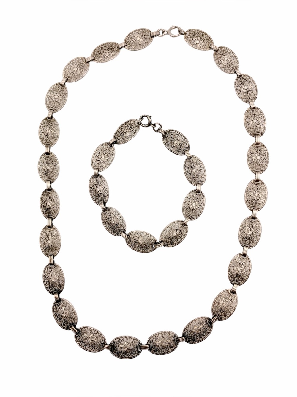 Vintage Art Deco Sterling Silver Filigree Necklace and Bracelet Set
